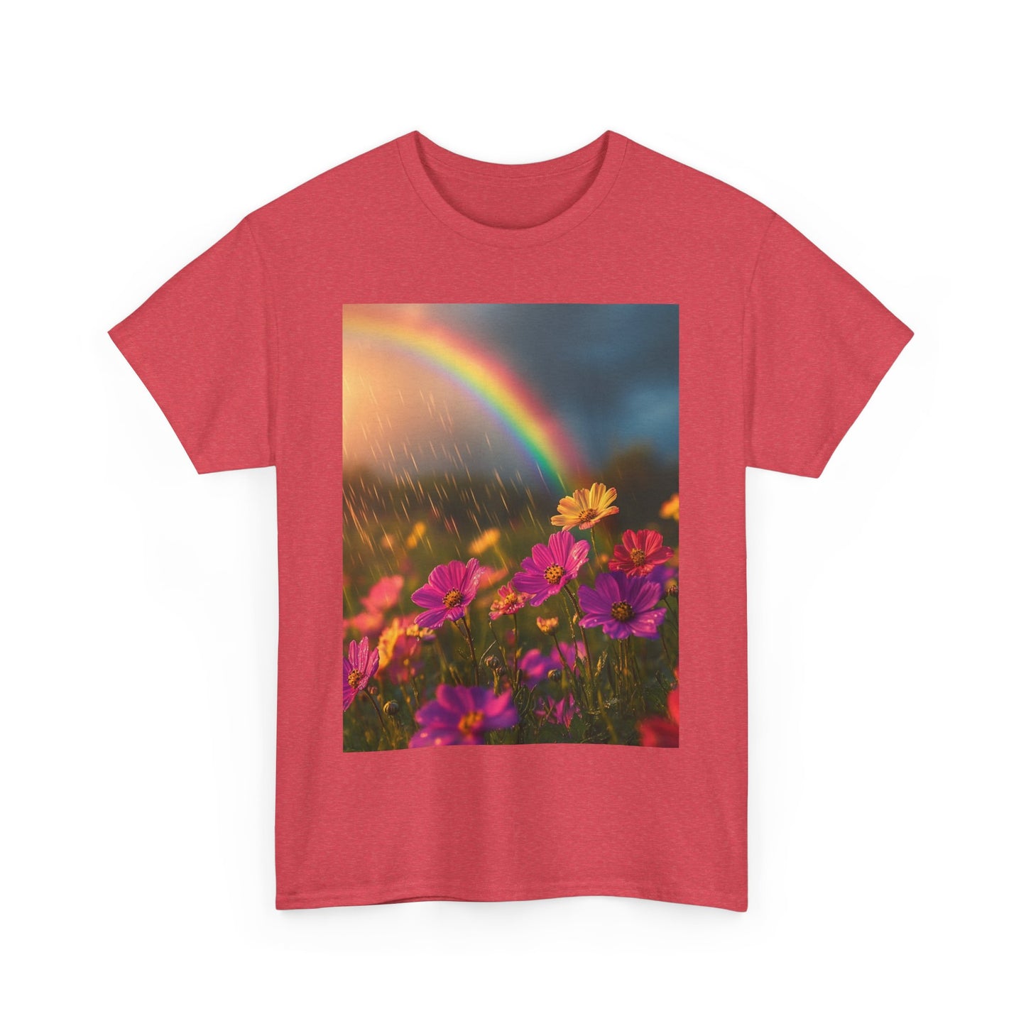 Dreamy Spring Rain and Rainbow Tee - Sustainable Weather-Inspired T-Shirt