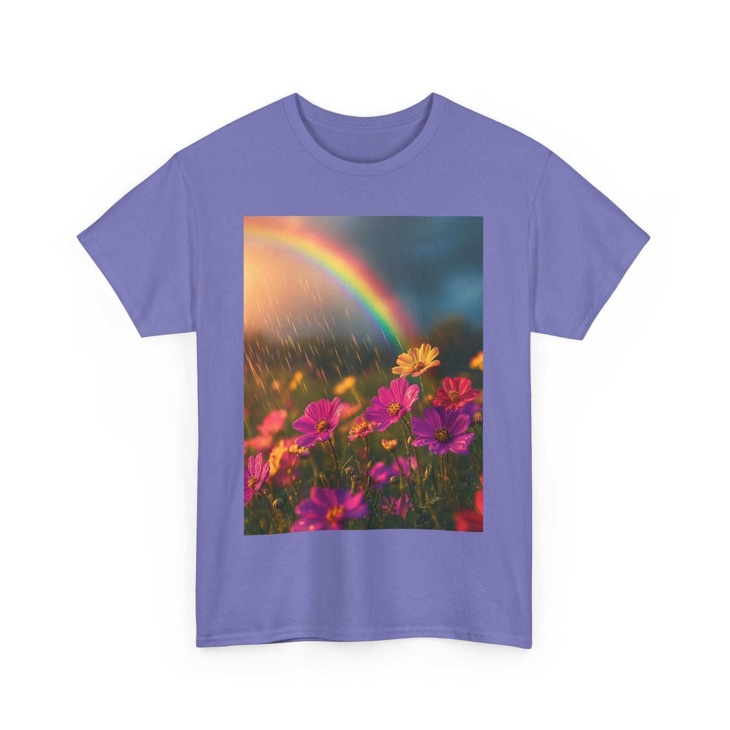 Dreamy Spring Rain and Rainbow Tee - Sustainable Weather-Inspired T-Shirt