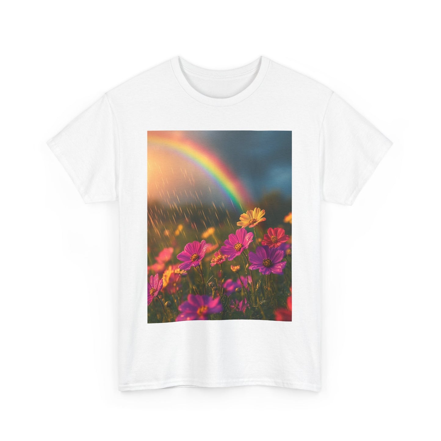 Dreamy Spring Rain and Rainbow Tee - Sustainable Weather-Inspired T-Shirt