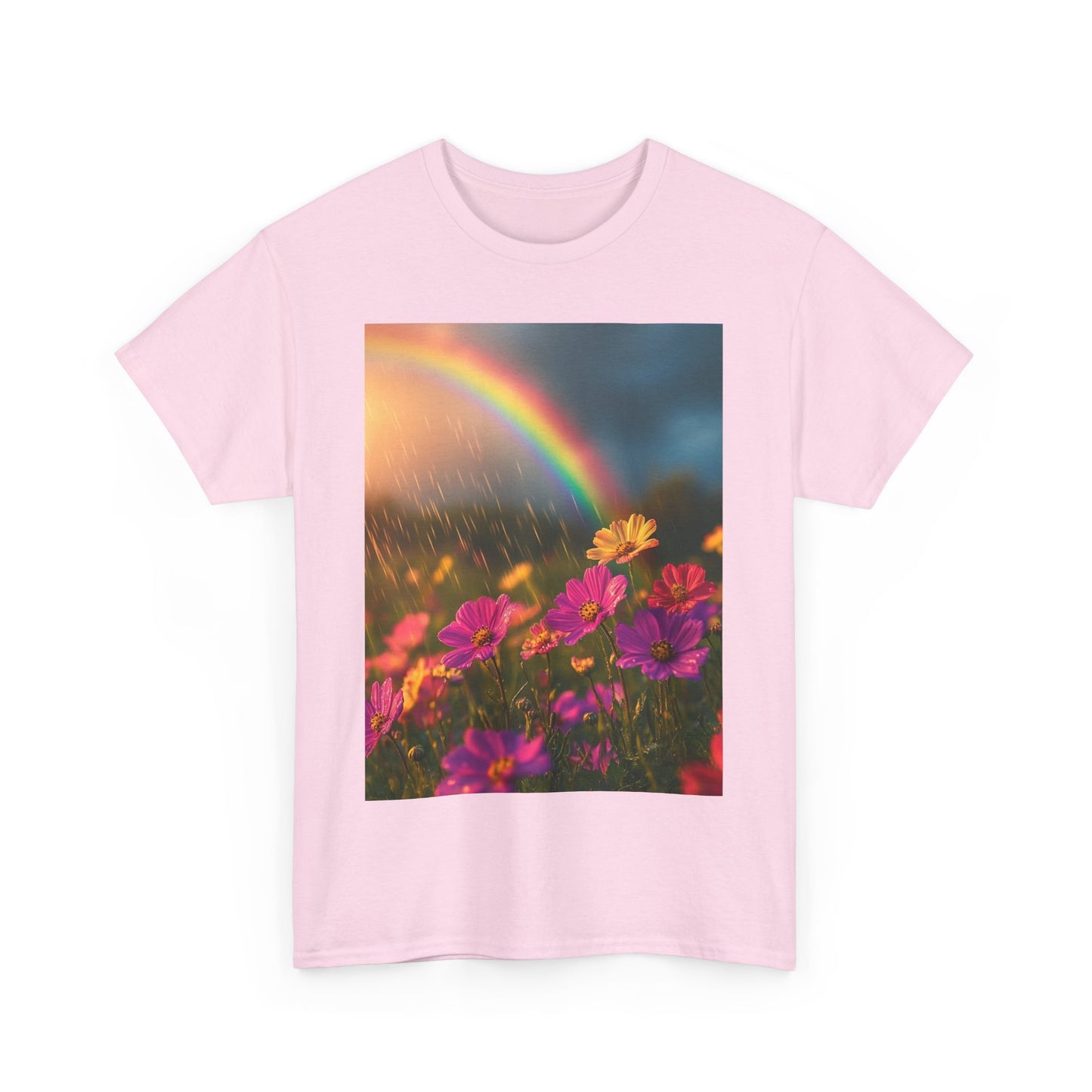 Dreamy Spring Rain and Rainbow Tee - Sustainable Weather-Inspired T-Shirt