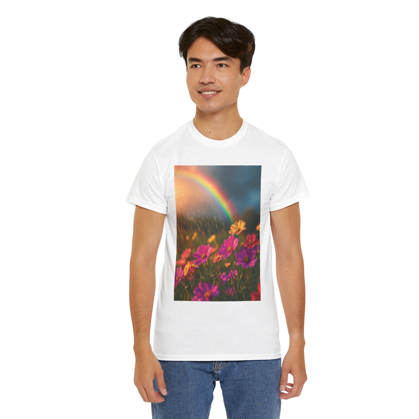 Dreamy Spring Rain and Rainbow Tee - Sustainable Weather-Inspired T-Shirt