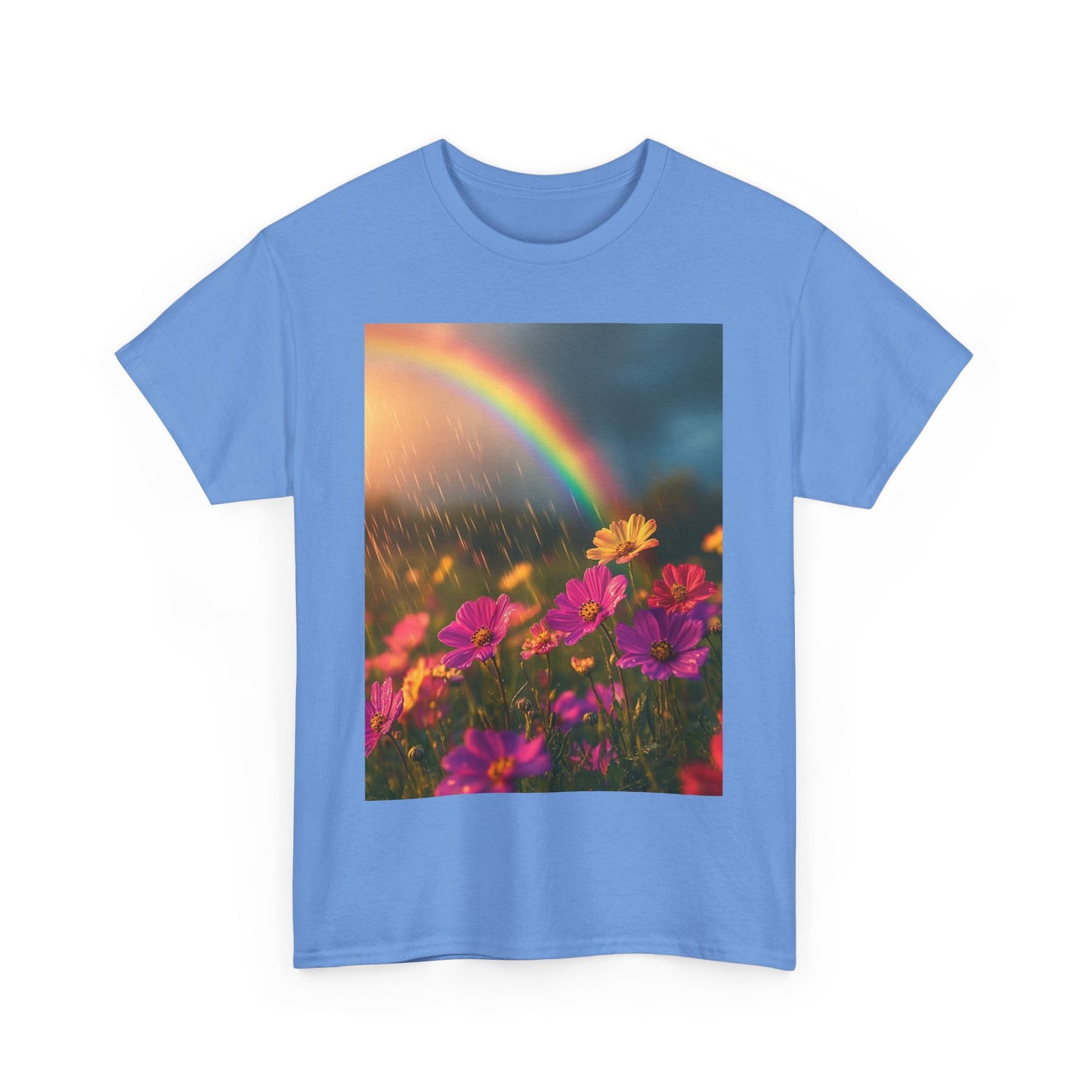 Dreamy Spring Rain and Rainbow Tee - Sustainable Weather-Inspired T-Shirt