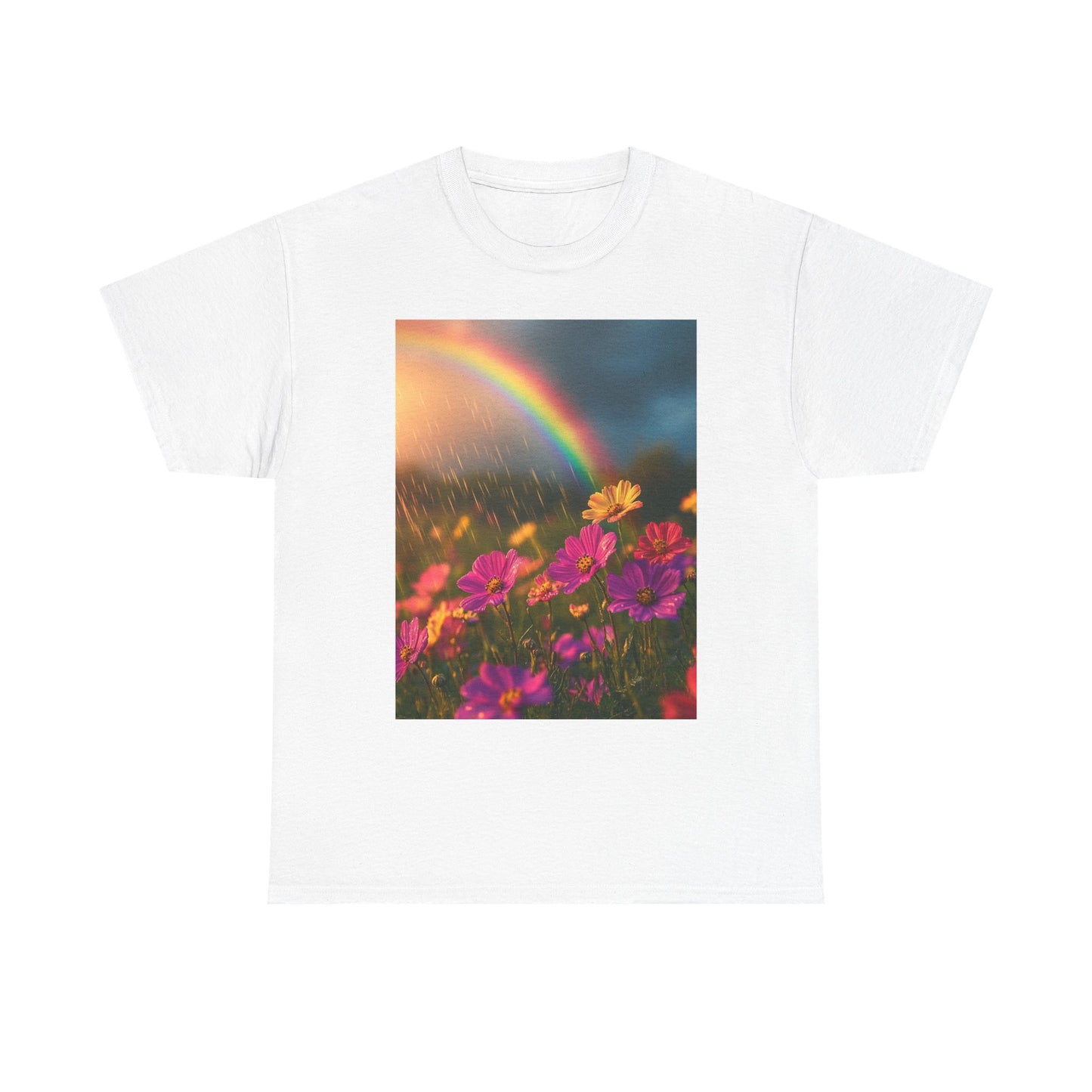 Dreamy Spring Rain and Rainbow Tee - Sustainable Weather-Inspired T-Shirt