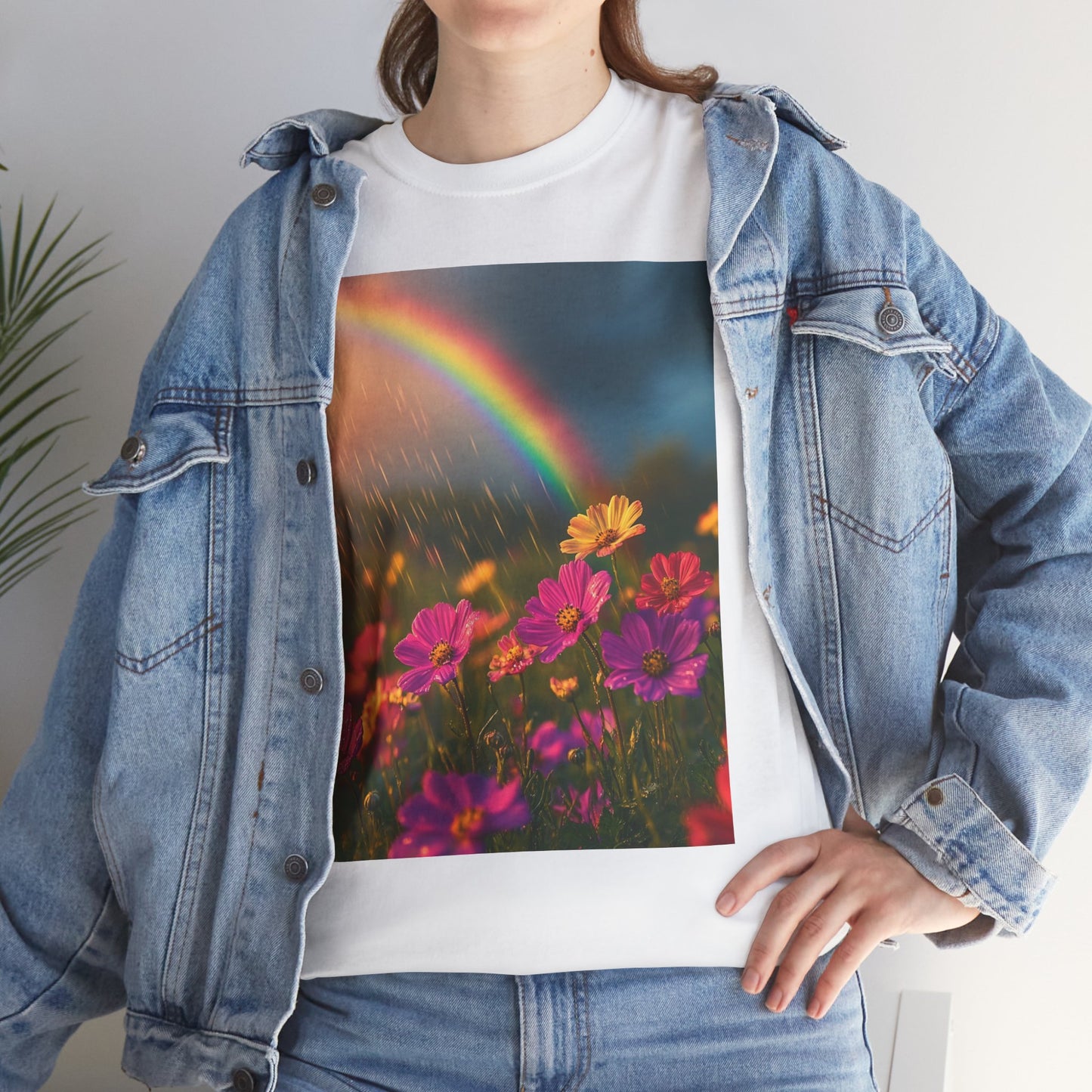 Dreamy Spring Rain and Rainbow Tee - Sustainable Weather-Inspired T-Shirt